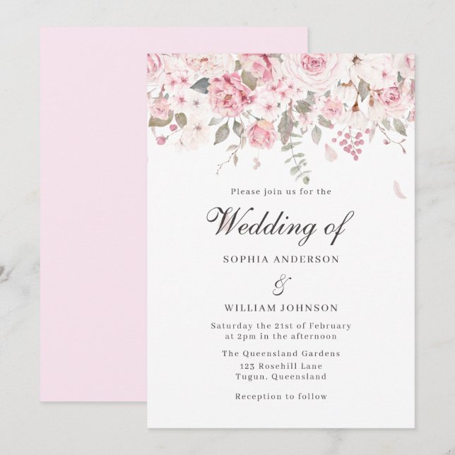 Blush & Gray Rose Elegante Hochzeit der Blumen Einladung (Vorne/Hinten)