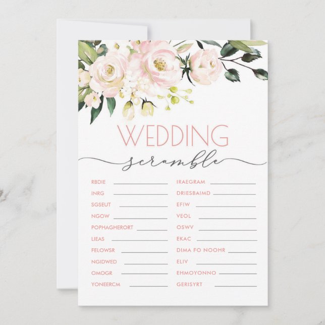 Blush Green Floral Wedding Word Scramble Game Einladung (Vorderseite)