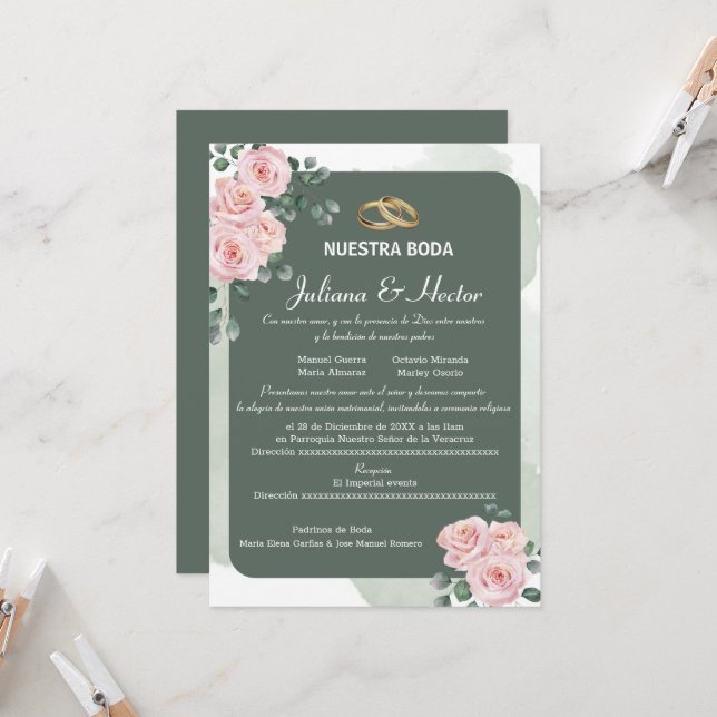 Blush Green Florals Wedding Einladung (Vorderseite/Rückseite Beispiel)