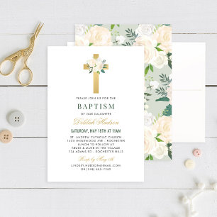Blush Green Gold Bloral Cross Girl Taufe Einladung