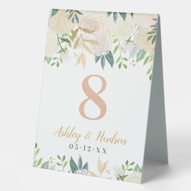 Blush Green Gold Floral Wedelnummer Tischaufsteller (Vorderseite)