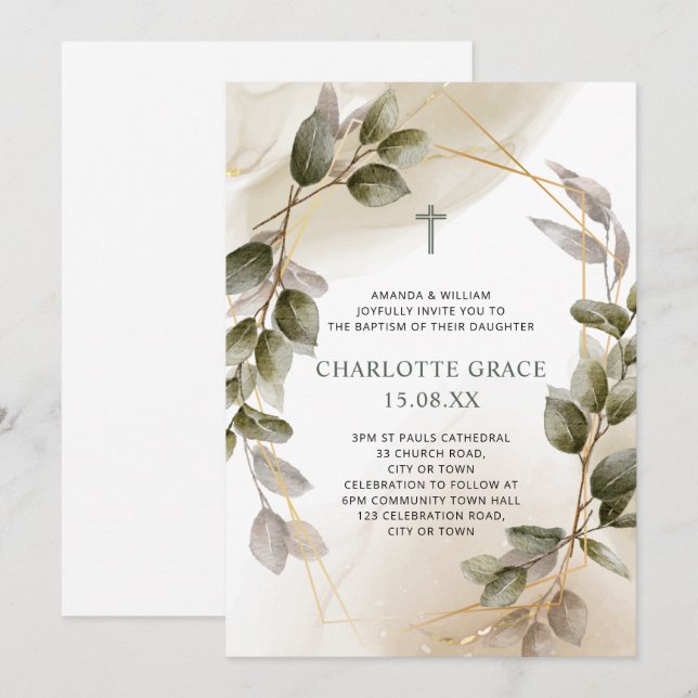 Blush Green & Gold Frame Botanische Taufe Einladung (Vorne/Hinten)