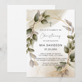 Blush Green & Gold Wasserfarbe Blätter Christening Einladung