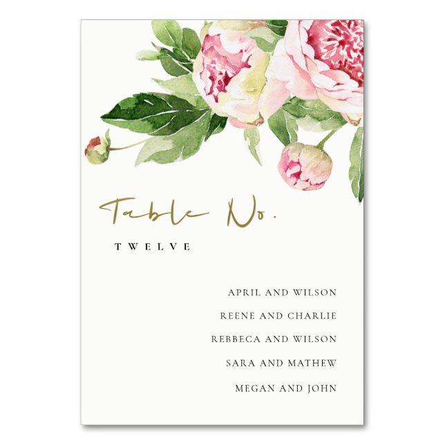 Blush Green Peony Floral Wedding Chart Tischnummer (Vorderseite)