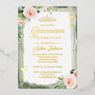 Blush Green Quinceanera Floral Sparkle Tiara Folieneinladung