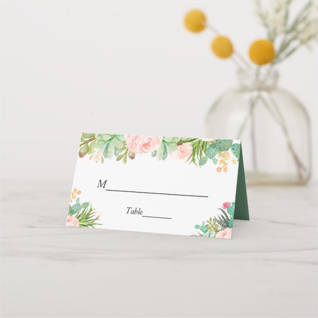 Blush Green Succulent Cactus Floral Wedding Table Platzkarte (Vorderseite)