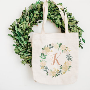 Blush Greenery Floral Wreath Bridesmaid Initial Tragetasche