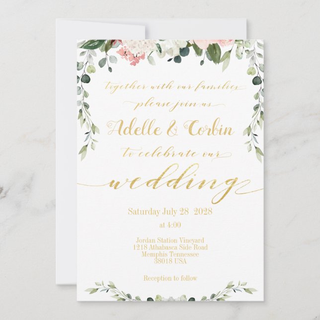 Blush Greenery & Gold Calligraphy Wedding Einladung (Vorderseite)