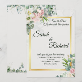 Blush Greenery Gold Frame Wedding Invitation Einladung
