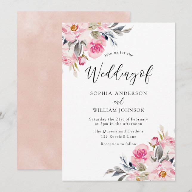 Blush & Greenery: Hochzeitsfeier mit Wasserfarbe Einladung (Vorne/Hinten)