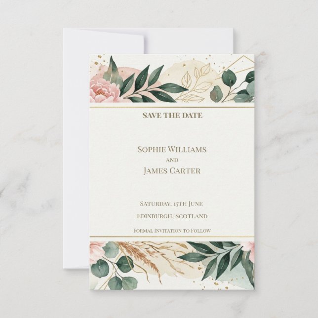 Blush Greenery Save The Date Karte (Vorderseite)
