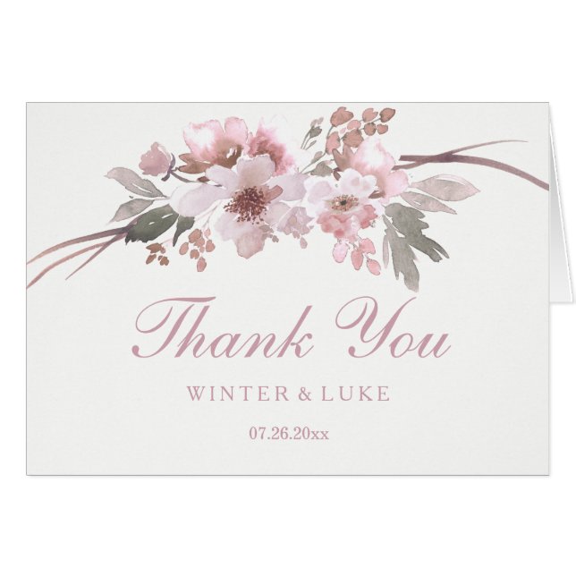 Blush & Grey Floral Wedding Danke Karte (Vorderseite (Horizontal))