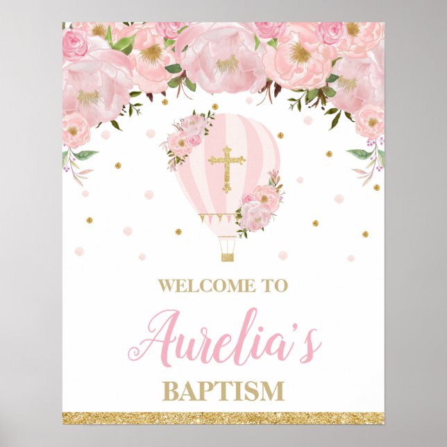 Blush Hot Air Ballon Christening Taufe Willkommen Poster (Vorne)