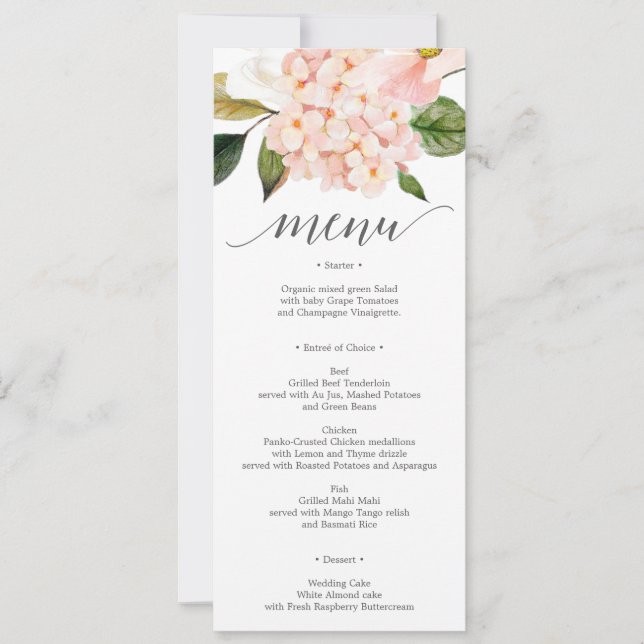 Blush Hydrangea Wedding Menu oder Brautparty Menu Einladung (Vorderseite)