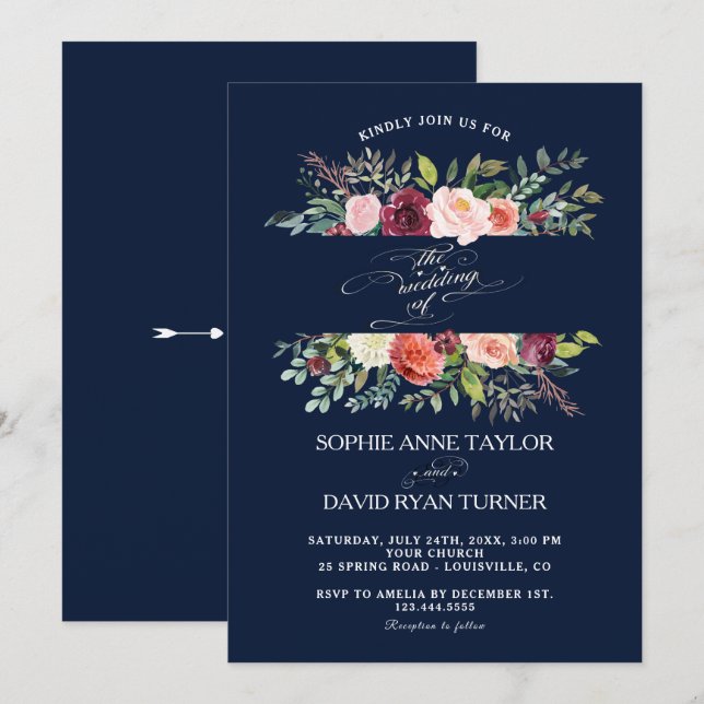 Blush Ivory-Blume rahmen Burgundy Wedding Einladung (Vorne/Hinten)