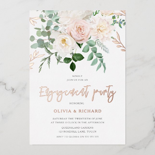 Blush & Ivory Blume Rose Gold Engagement Party Folieneinladung (Vorderseite)