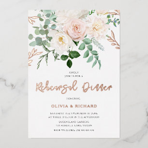 Blush & Ivory Flowers Rose Gold Rehearsal Dinner Folieneinladung