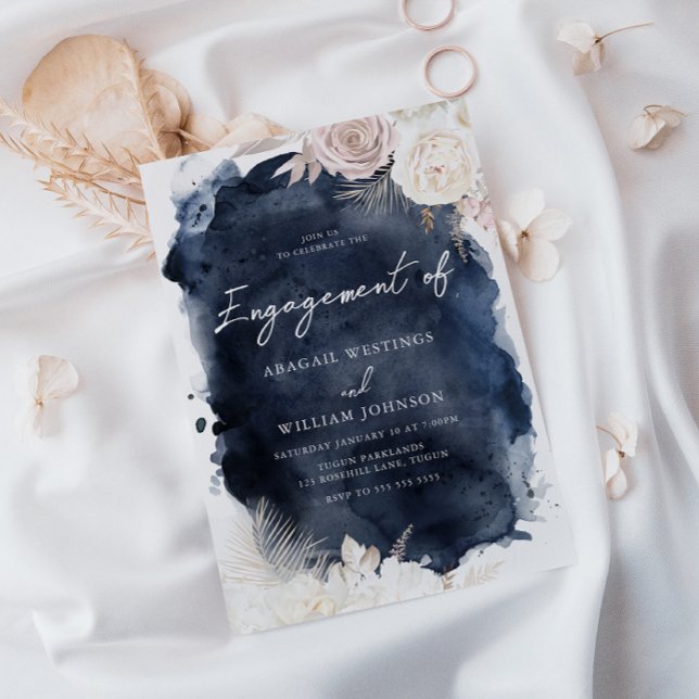 Blush & Ivory, Navy Watercolor Engagement Party Einladung (Von Creator hochgeladen)