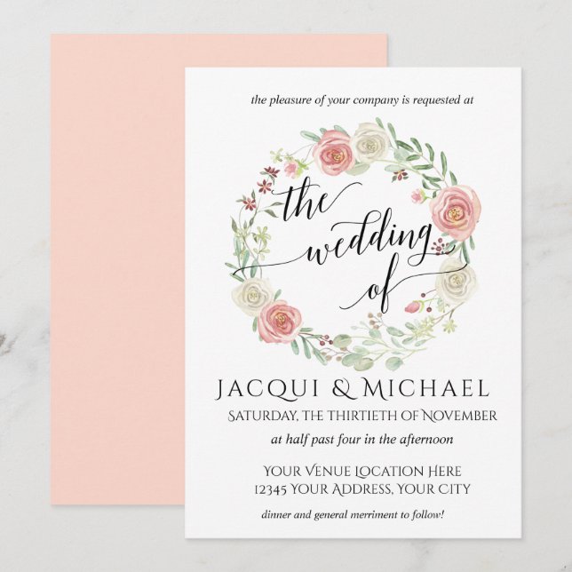 Blush Ivory-Rose mit Leaf-Wraath-Hochzeit Einladung (Vorne/Hinten)
