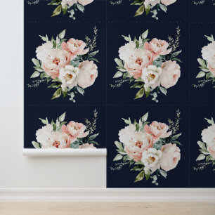 Blush Ivory White Peonies Rose Bloral Navy Tapete