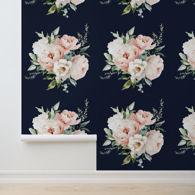 Blush Ivory White Peonies Rose Bloral Navy Tapete (Anwendung)