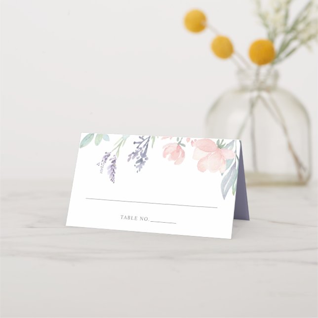 Blush Lavender Wasserfarbe Blütenfarben Faltschach Platzkarte (Vorderseite)