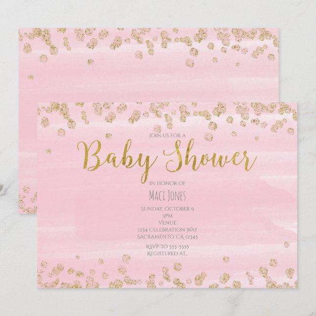 Blush Light Pink & Gold Baby Dusche Einladungen (Vorne/Hinten)