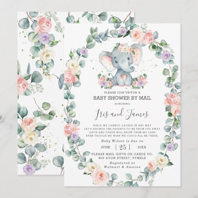 Blush Lila Floral Elephant Baby Dusche per Mail Einladung (Vorne/Hinten)