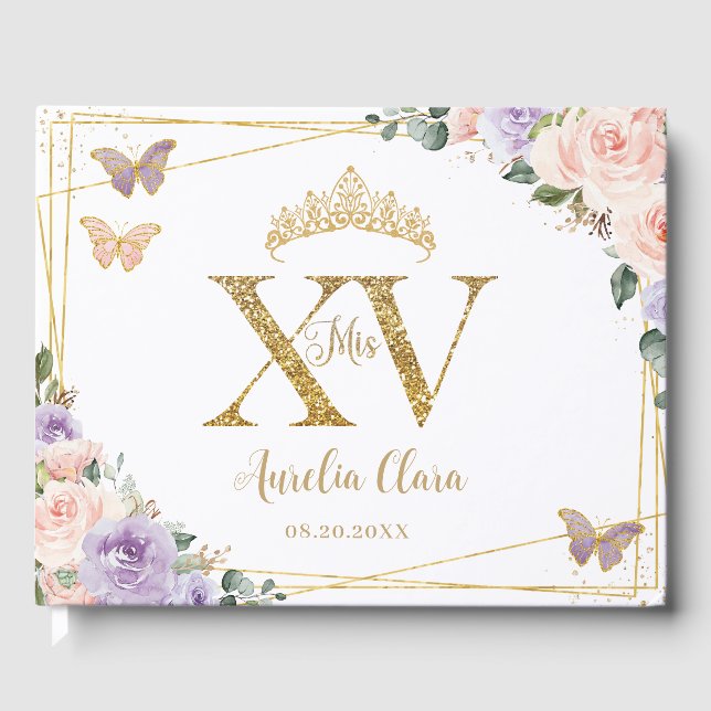 Blush Lila Lilac Floral Gold Quinceañera XV Gästebuch (Vorderseite)
