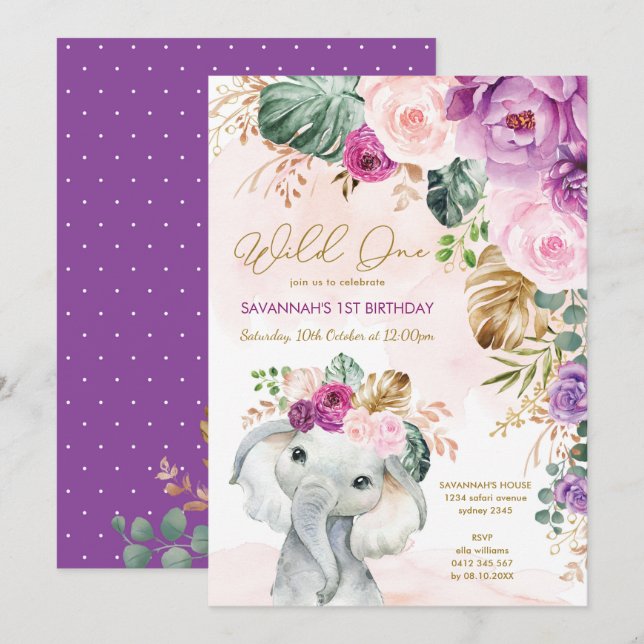 Blush Lila tropisches Bläschen Elefant 1. Geburtst Einladung (Vorne/Hinten)