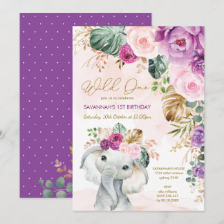 Blush Lila tropisches Bläschen Elefant 1. Geburtst Einladung