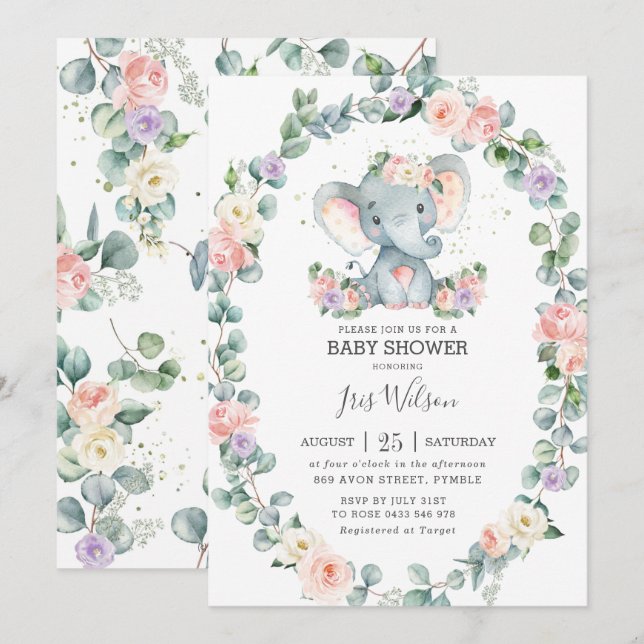 Blush Lilac Blumengrün Elephant Babydusche Einladung (Vorne/Hinten)