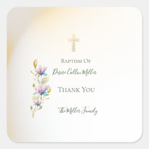 Blush & Lilac Floral, Gold Cross Taufen Aufkleber