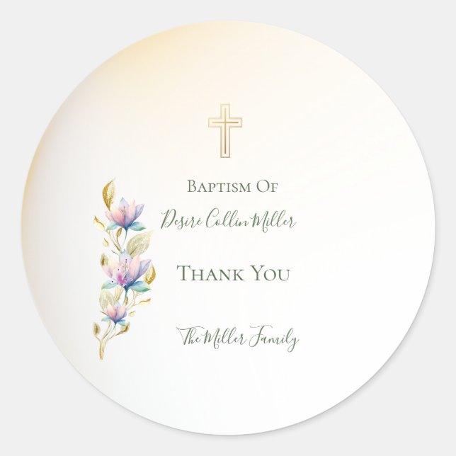 Blush & Lilac Floral, Gold Cross Taufen Aufkleber (Vorderseite)