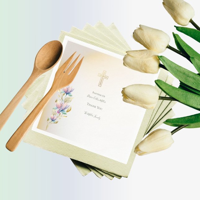 Blush & Lilac Floral, Gold Cross Taufen Servietten (Von Creator hochgeladen)