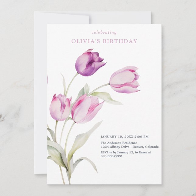 Blush Lilac Lila Floral Wasserfarbene Tulissen Einladung (Vorderseite)
