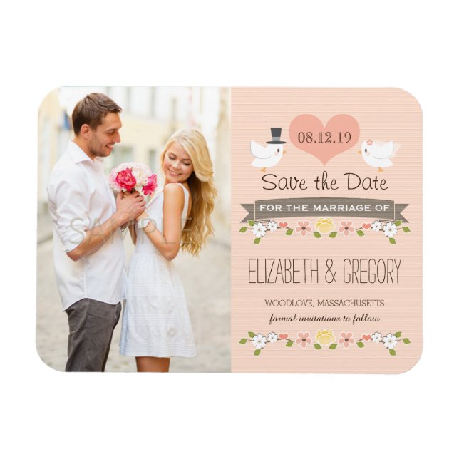 Blush Love Birds Dove Save the Date Magnet (Horizontal)