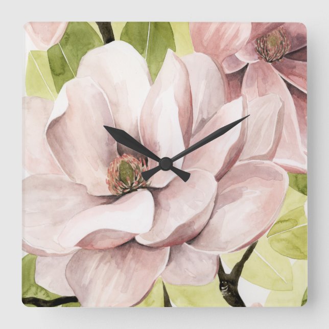 Blush Magnolia Flowers Quadratische Wanduhr (Vorderseite)