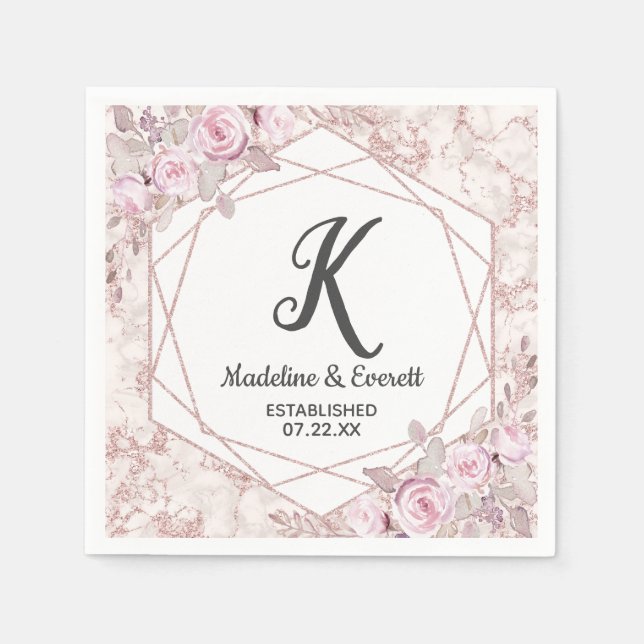 Blush Marble Geometric Floral Monogram Wedding Serviette (Vorderseite)