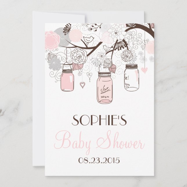 Blush Mason Jars Bloral Baby Dusche Einladung (Vorderseite)