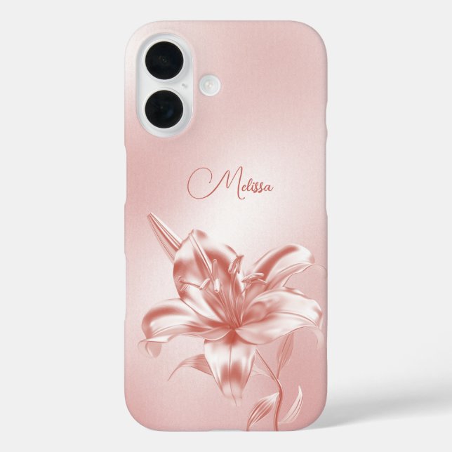 Blush Metallic 3D-Lilienblume iPhone 16 Hülle (Rückseite)