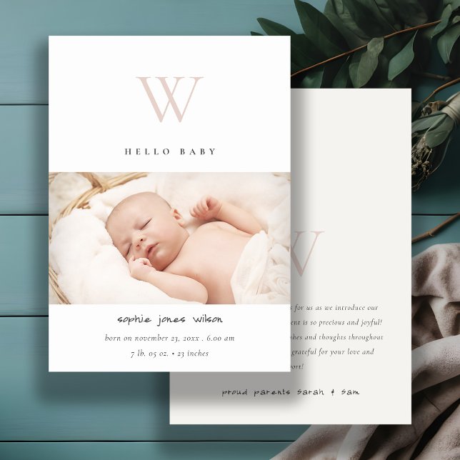 Blush-Minimal-Monogram-Foto Geburtshinweis Dankeskarte (Von Creator hochgeladen)