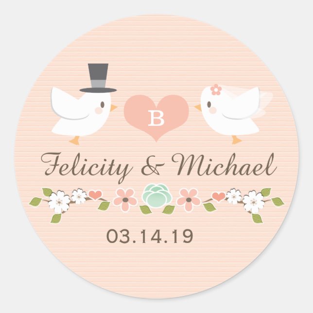 BLUSH MIT MONOGRAMM DOVE LIEBE VÖGEL WEDD RUNDER AUFKLEBER (Vorderseite)