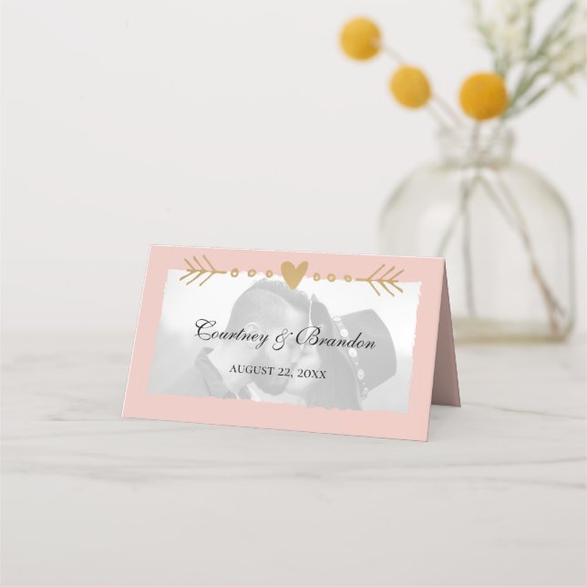 Blush Modern Foto Gold Hearts Wedding Platzkarte (Vorderseite)