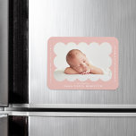 Blush Modern Scalloped Frame Birth Announcement Magnet<br><div class="desc">Modern birth announcement magnet featuring your baby's foto nestled inside of a blush pink scalloped frame. Personalize the blush birth announcement magnet by adding your baby name and additional information in white lettering.</div>