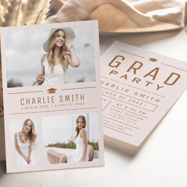 Blush Modern Typography 3 Photo Graduation Party Einladung (Blush Modern Typography 3 Photo Graduation Party Invitation)