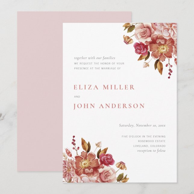 Blush Moderne rustikale Hochzeit mit floralen Aqua Einladung (Vorne/Hinten)