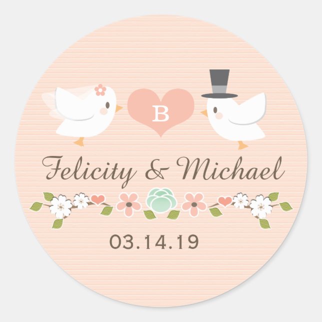 BLUSH MONOGRAM DOVE LIEBE VÖGEL WEDD RUNDER AUFKLEBER (Vorderseite)