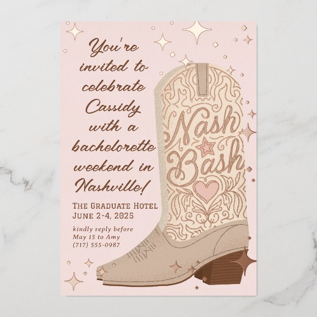 Blush Nash Bash Cowgirl Boot Junggeselinnen-Abschi Folieneinladung (Vorderseite)