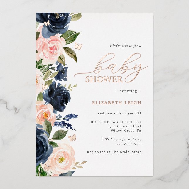 Blush Navy Bloral Butterfly Babydusche Folieneinladung (Vorderseite)